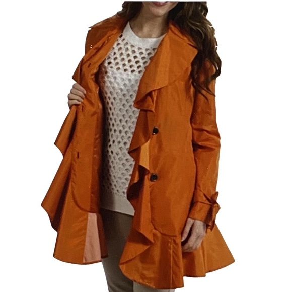 NWOT COLE HAAN Tangerine Orange Ruffle Flirty Trench Rain Coat Retro Designer M - Picture 3 of 16